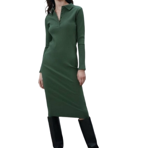 ZARA ribbed polo collar long sleeve midi dress hunter green - Picture 1 of 7